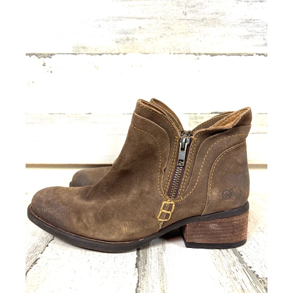 BORN Womens 8.5 Malta II Taupe Suede Leather Distressed Zip Moto Ankle Bootie